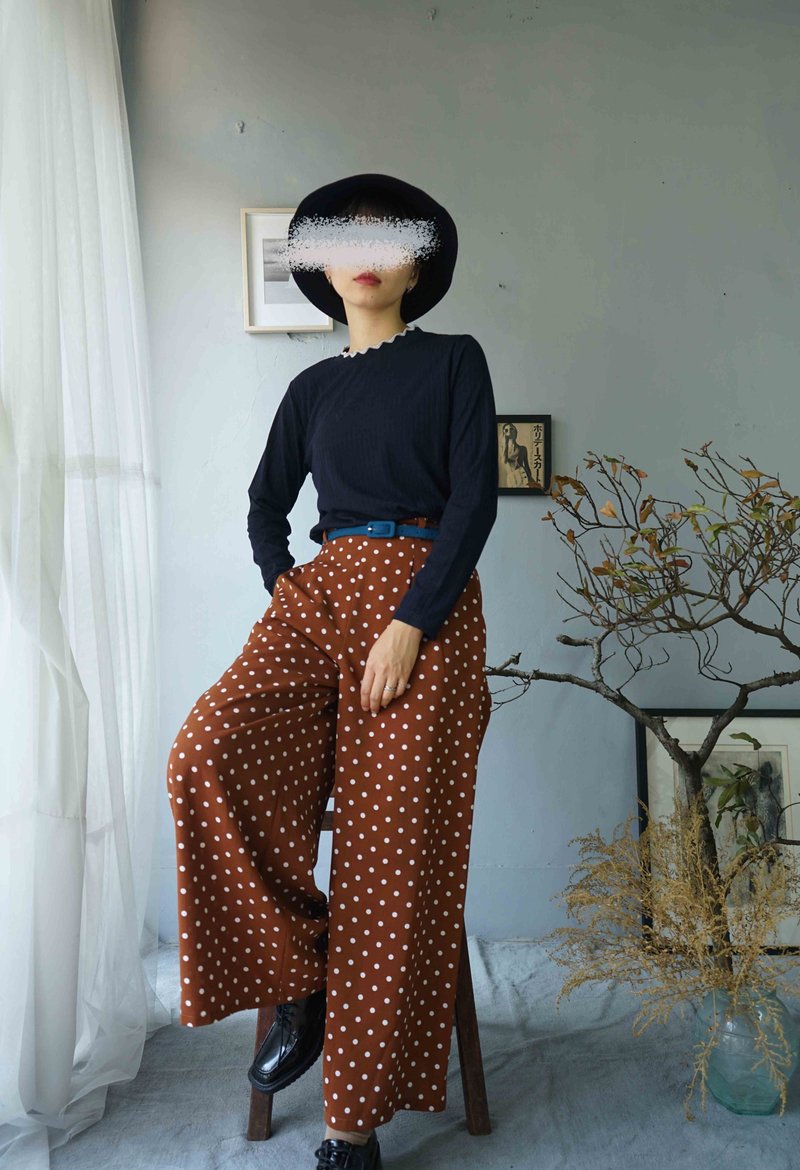 寻宝古着-砖红色点点印花打褶宽裤 - 女装长裤 - 聚酯纤维 橘色