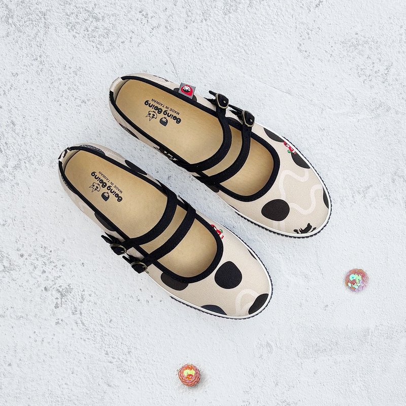 防泼水 小漫玛莉珍鞋 (宽楦) 双扣帆布玛莉珍 - 珍珠奶茶 台湾制 - 芭蕾鞋/娃娃鞋 - 棉．麻 卡其色