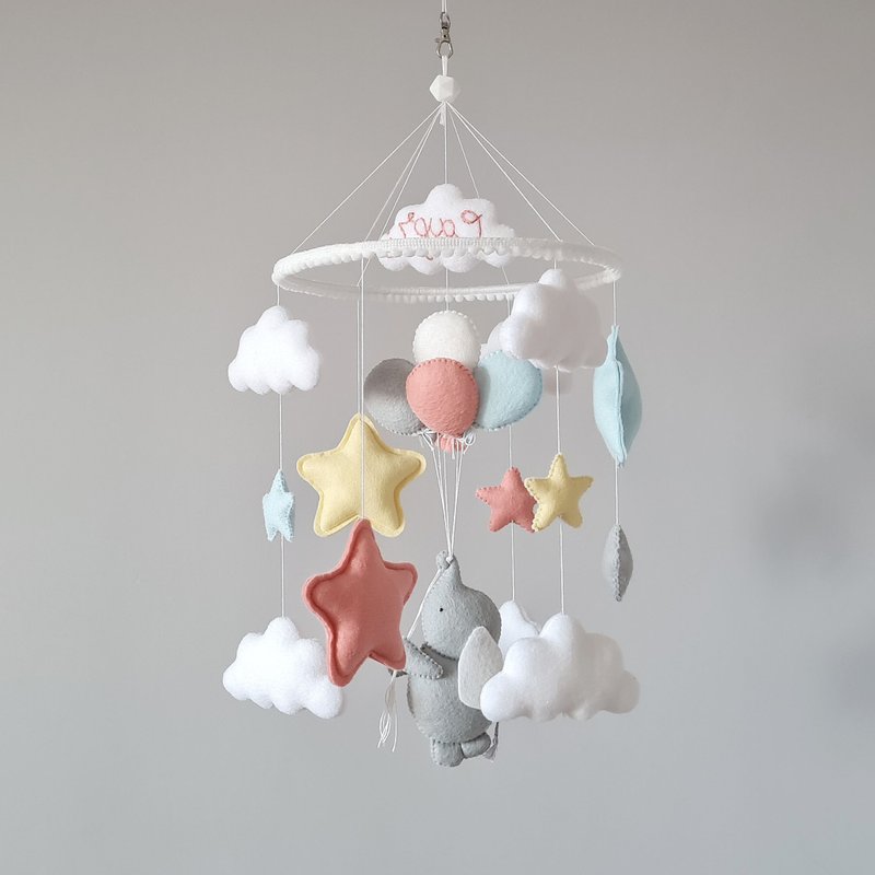 Elephant felt mobile, Pink nursery mobile, Hanging baby mobile, Felt decor - 玩具/玩偶 - 其他材质 多色