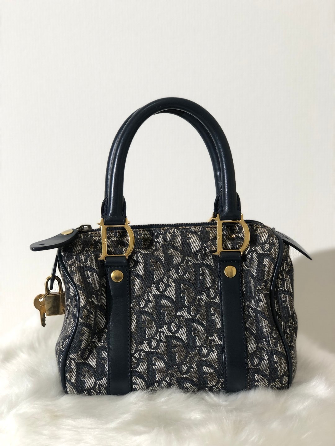 Christian Dior Dior Trotter 挂锁提花迷你波士顿迷你包手提包海军蓝鹰纹 - 手提包/手提袋 - 真皮 蓝色