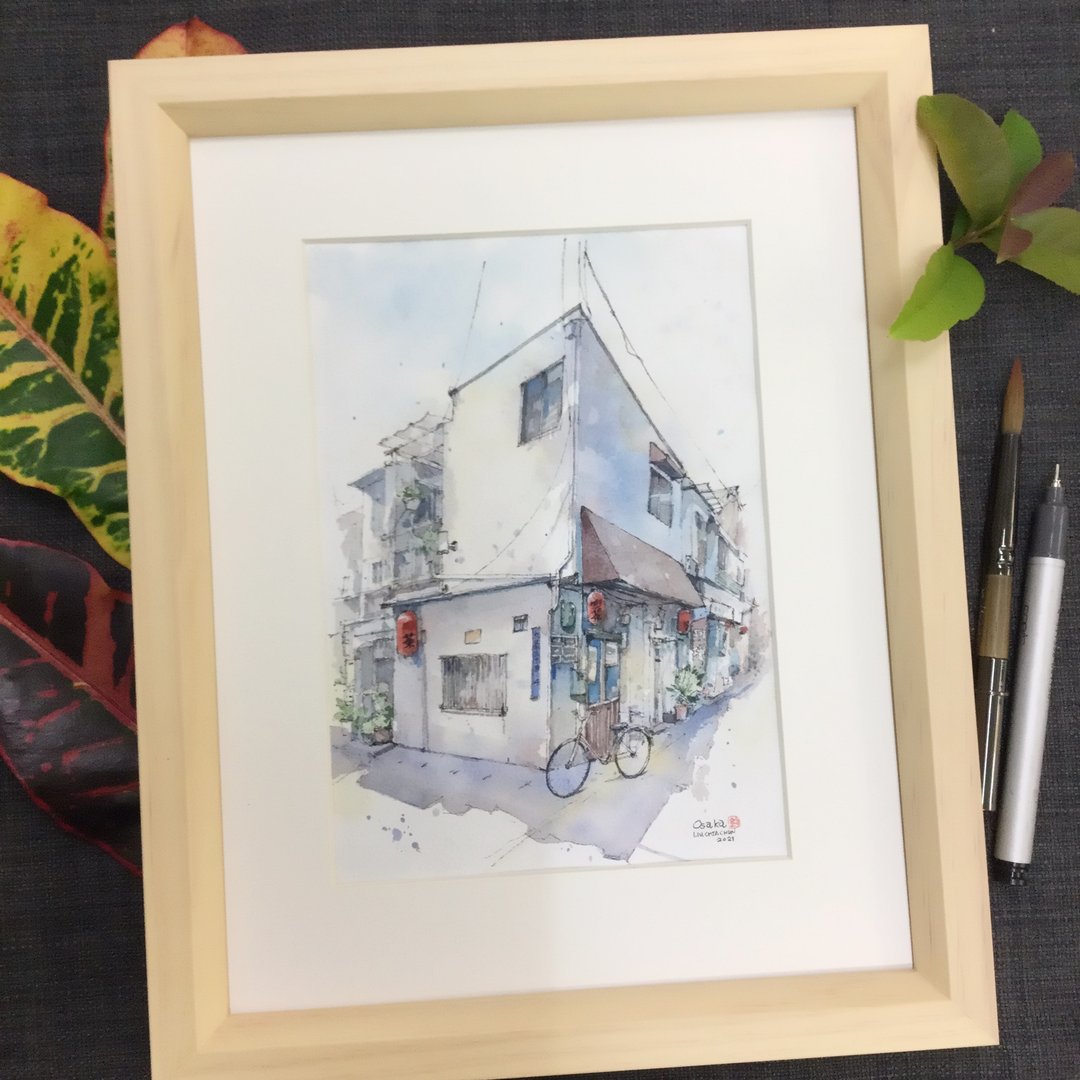 大阪Osaka小店家/手绘原创水彩画/含框 - 海报/装饰画/版画 - 纸 咖啡色