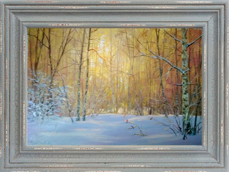 Birch Trees Winter Sun Forest Landscape Snow Oil Painting on Canvas Home Decor - 墙贴/壁贴 - 其他材质 橘色