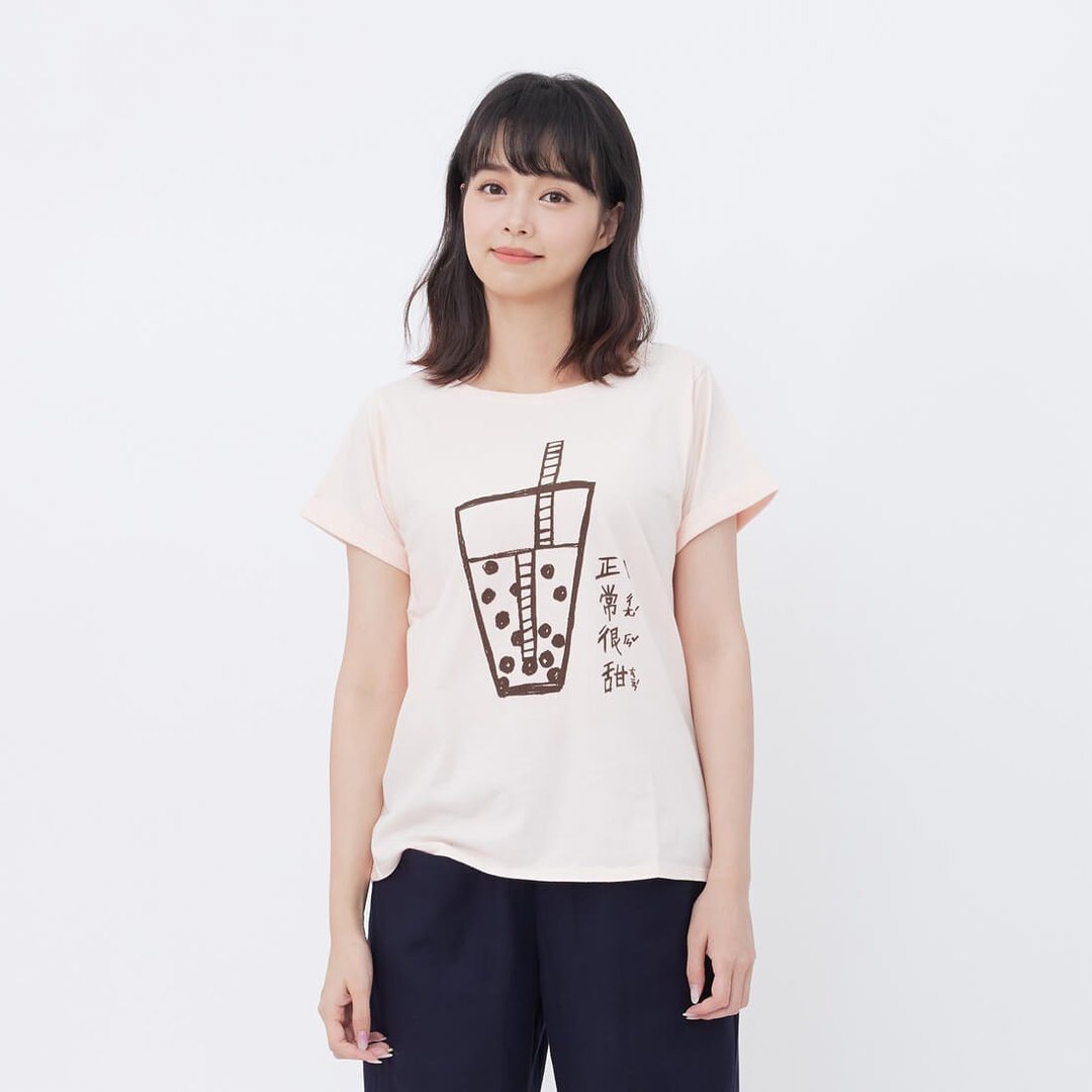 珍珠奶茶袖寬版T恤桔粉色 台灣特產 Bubble Tea - 女装 T 恤 - 棉 粉红色