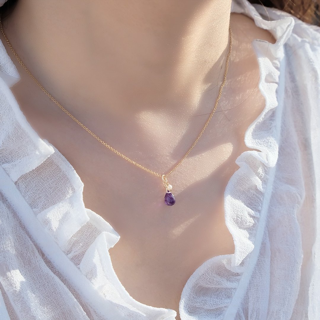 生日石 宝石项链 紫水晶 14K 包金 注金 水洗不退色 天然石轻珠宝 - 项链 - 半宝石 紫色