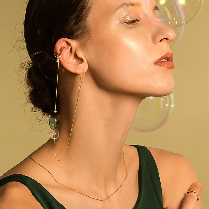 Bubble Nebula - 气泡星云系列 小耳夹+气泡长耳线-金 - 耳环/耳夹 - 纯银 金色