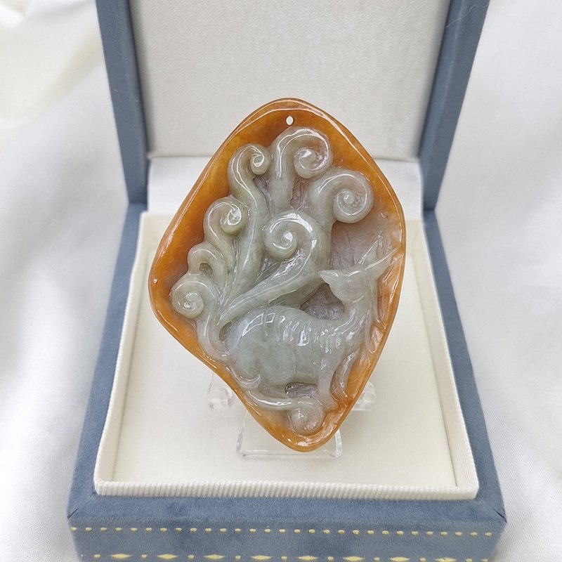 特色 原皮红翡 九尾狐 吊坠 摆件 | 天然缅甸玉A货翡翠 - 项链 - 玉石 