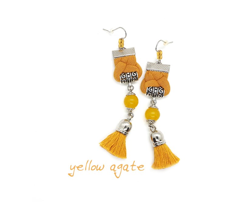 Yellow Agate Beaded Earrings, Long Tassel Earrings, Bohemian Jewelry - 耳环/耳夹 - 宝石 黄色