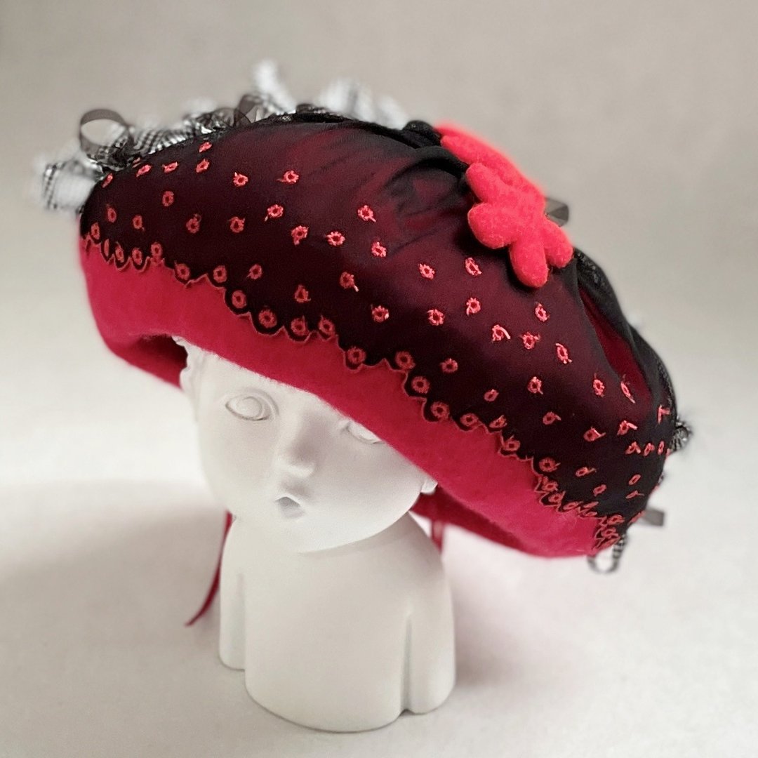 贝蕾帽beret /童话刺绣格纹编织纱画家帽羊毛贝雷帽帽子蓓蕾帽子 - 帽子 - 羊毛 红色