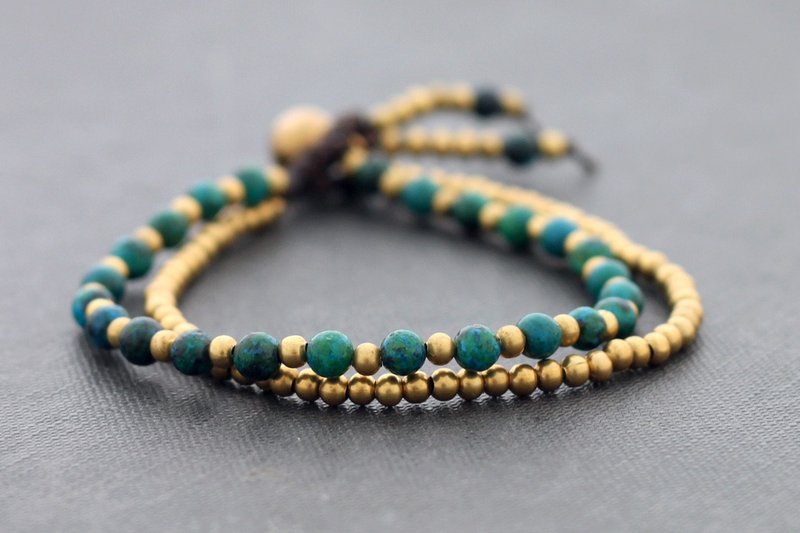 Chrysocolla石手链圆形基本原料黄铜 - 手链/手环 - 石头 咖啡色