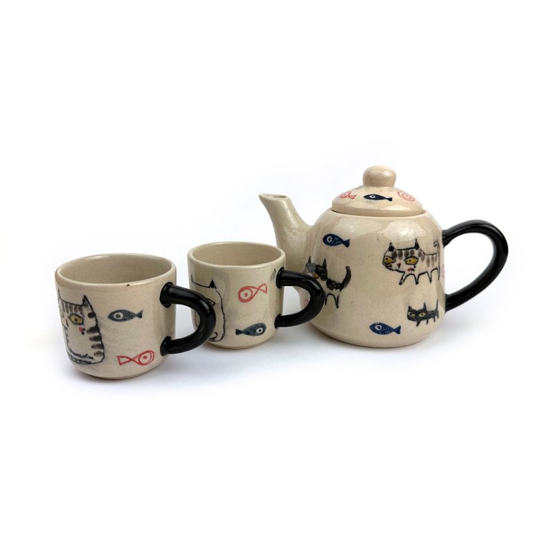 Nice Little Clay 手工杯与茶壶 猫与鱼 0133-26 / 0601-10 - 咖啡杯/马克杯 - 陶 白色