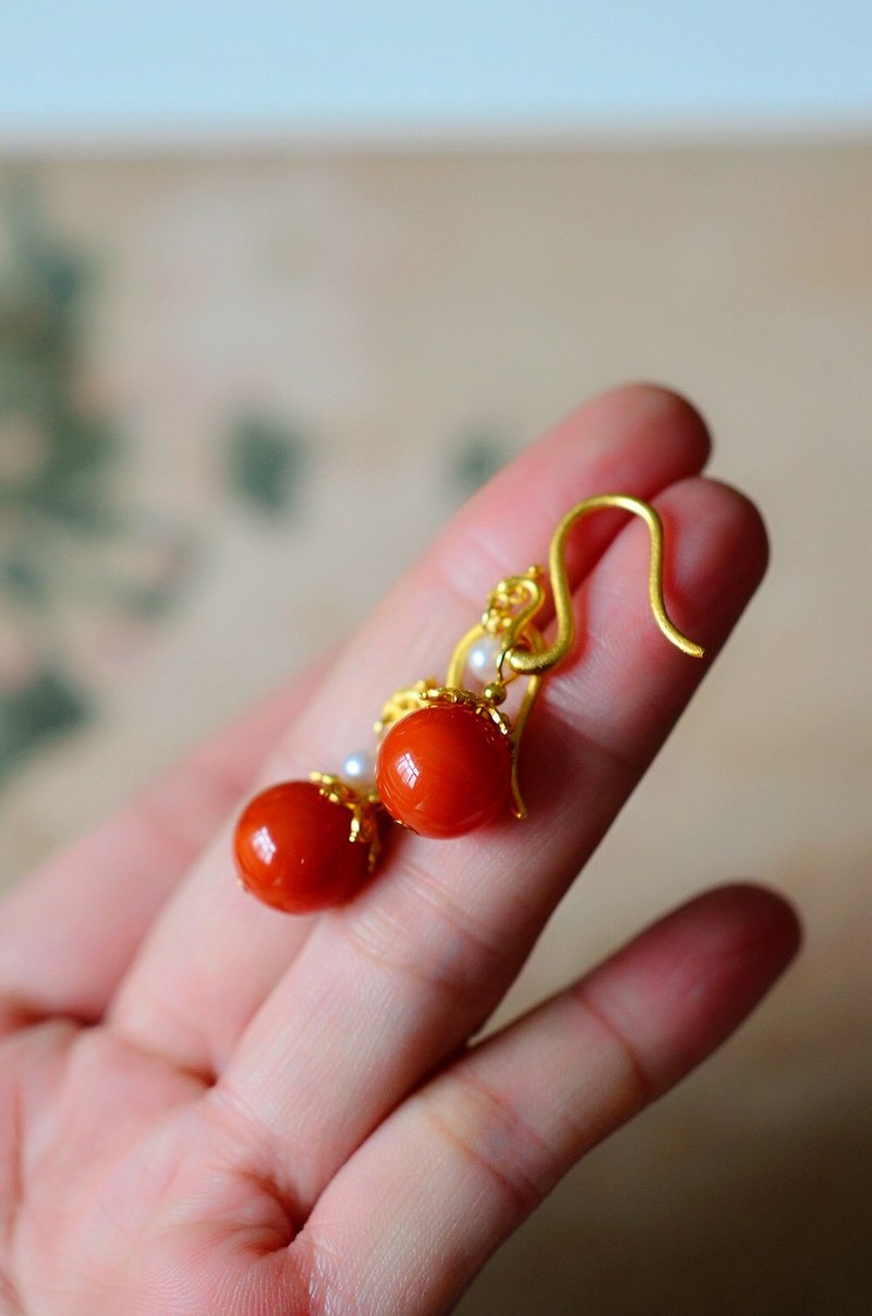 天然原矿南红 珍珠古法金凤设计耳勾耳环 - 耳环/耳夹 - 半宝石 红色