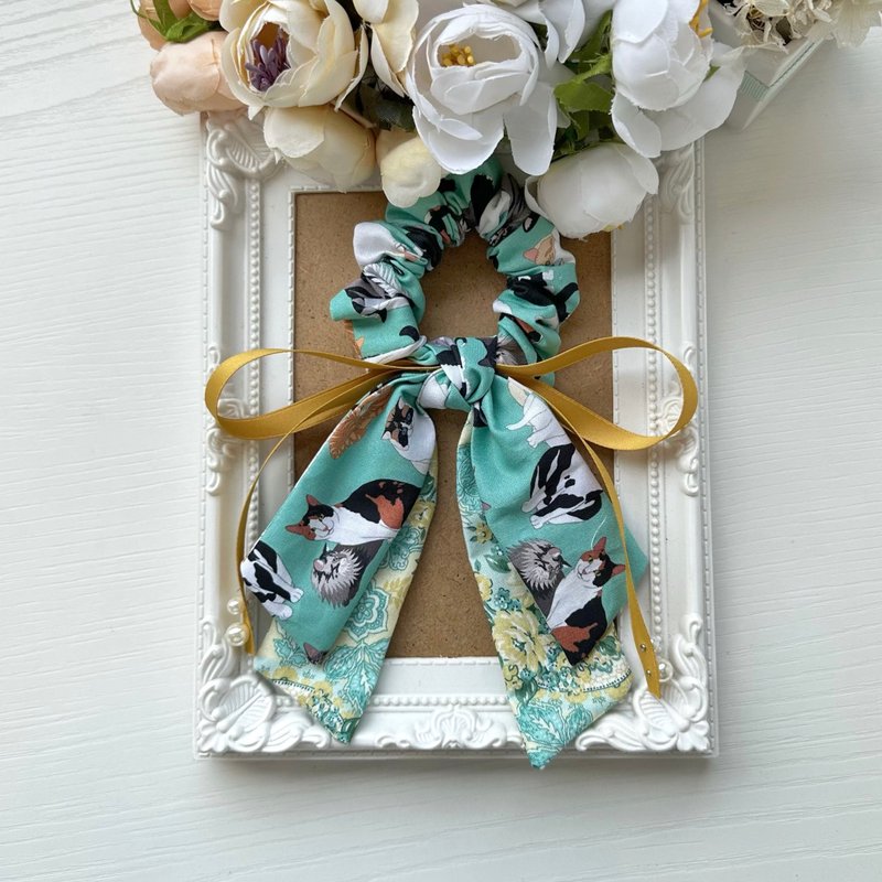 棉布长尾蝴蝶结发圈大肠圈发饰-薄荷底猫咪 - 发饰 - 其他材质 绿色