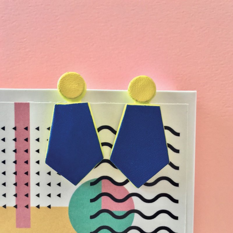 节日礼物 几何配色皮革耳环 纯银耳针 - 耳环/耳夹 - 真皮 蓝色