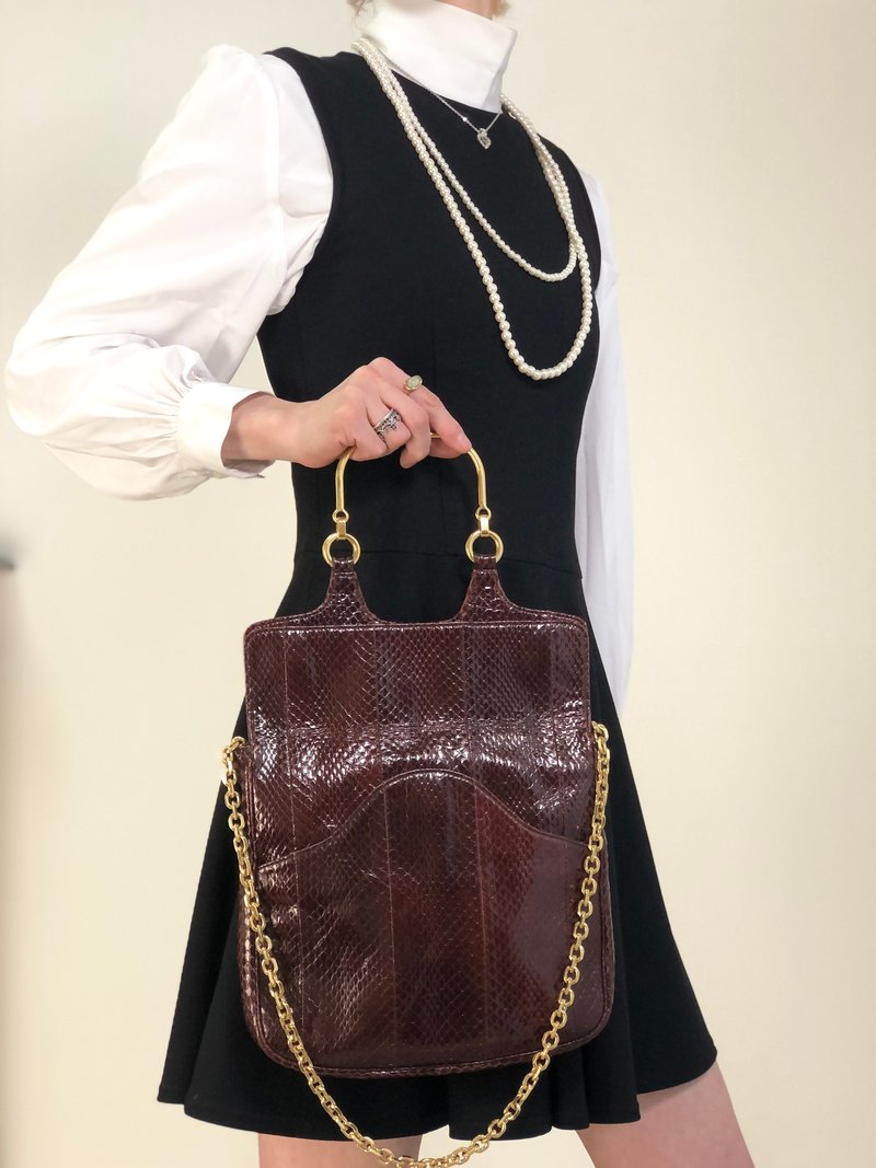 【 日本直送名牌中古包 】CELINE  સવારી 핸드백 棕色皮革 蛇纹压印 vintage 古董 旧款 2b68me - 手提包/手提袋 - 真皮 咖啡色