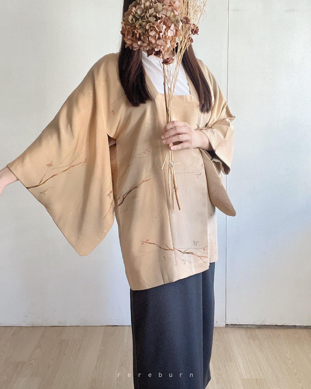 日本制和风印花薄款橘色古着道行羽织和服外套 - 女装休闲/机能外套 - 聚酯纤维 卡其色