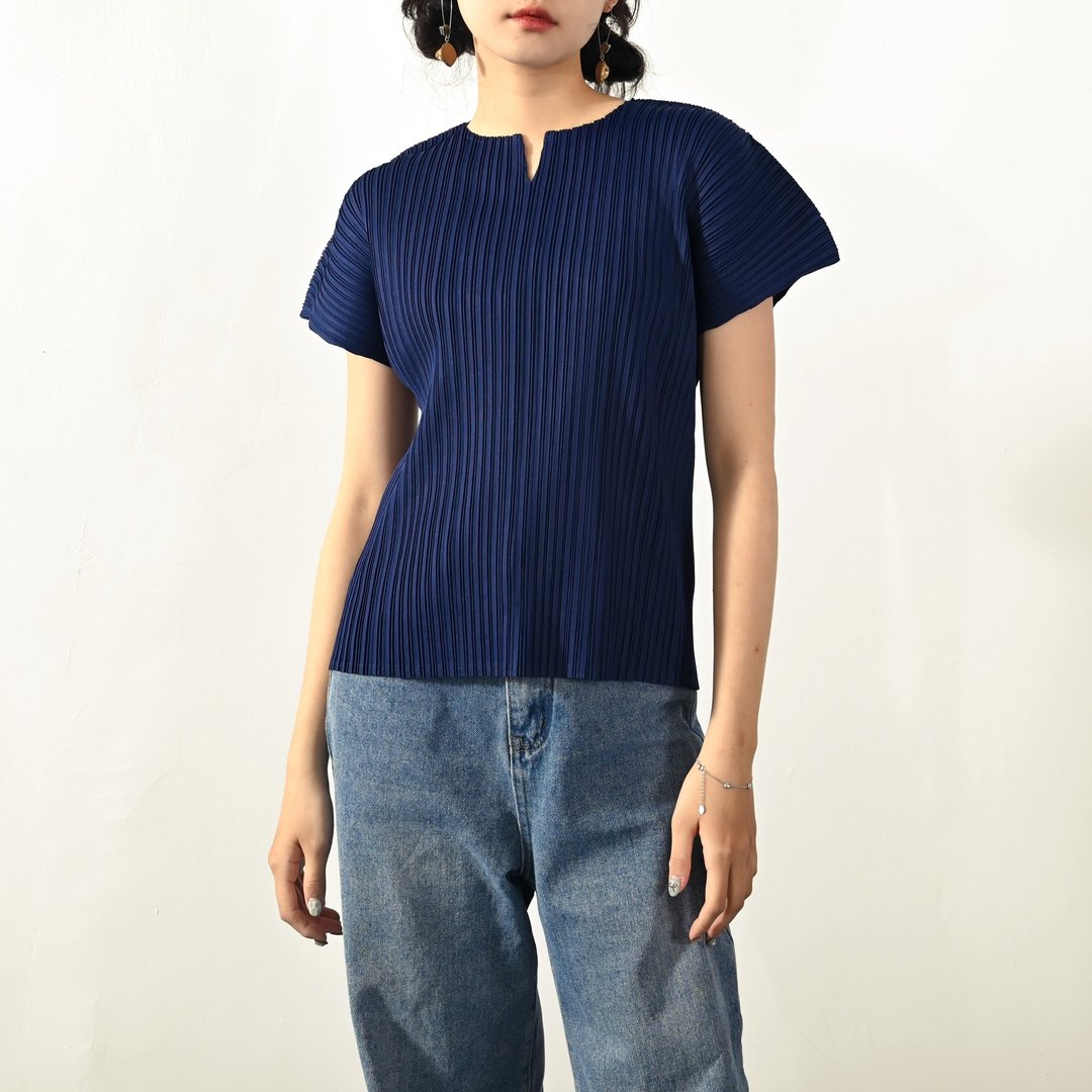 【NaSuBi Vintage】压褶面料纯色短袖古着上衣 - 女装上衣 - 其他人造纤维 蓝色