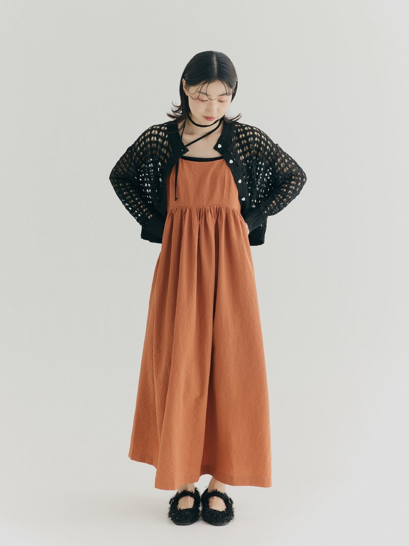 SEQUI HIBI 泡泡细格露背后绑带洋装－橘橙色 - 洋装/连衣裙 - 聚酯纤维 橘色