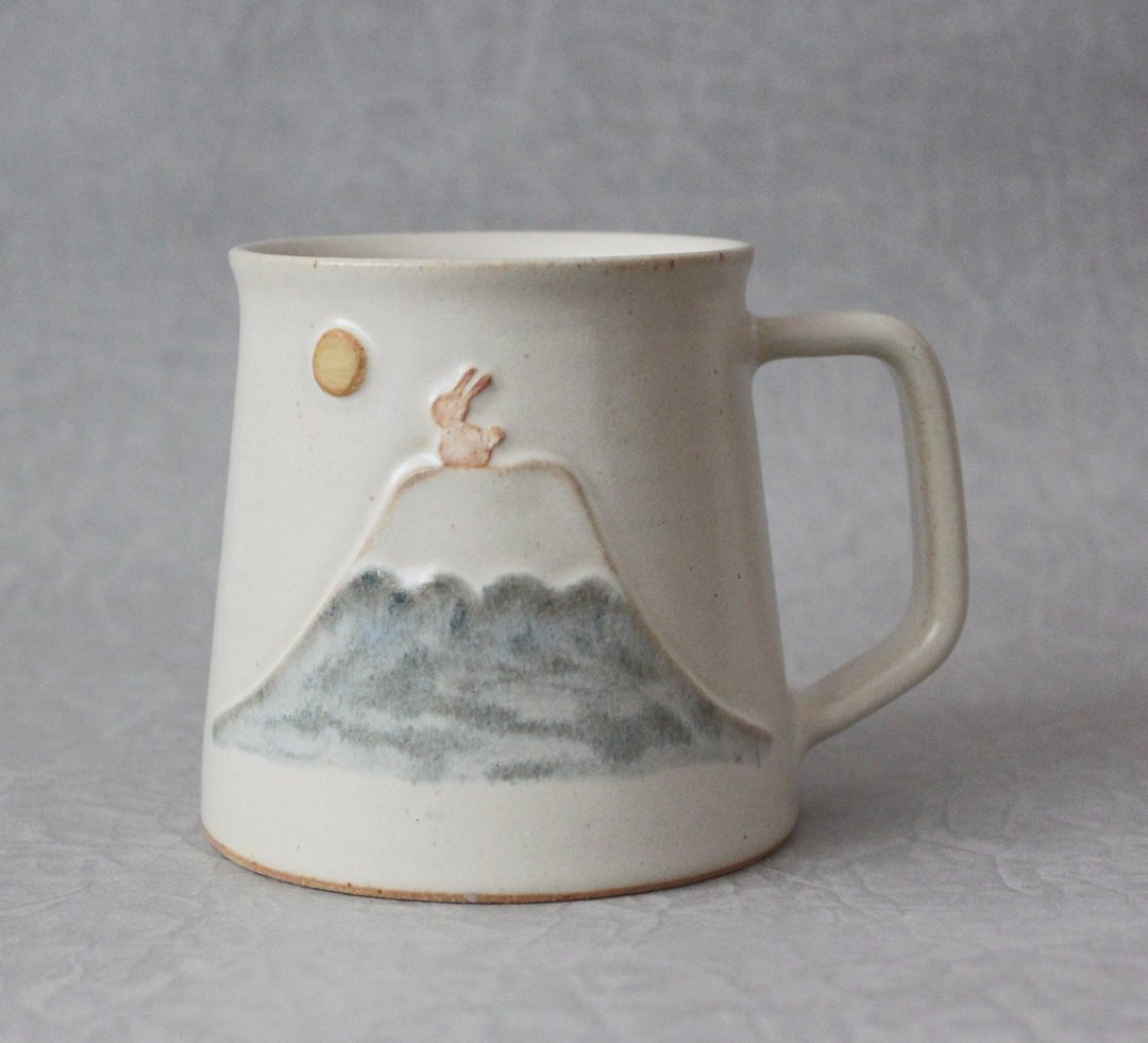 玉兔望月 富士山  耳挂咖啡陶杯 - 咖啡杯/马克杯 - 陶 