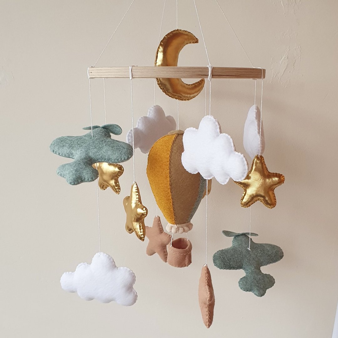 Airplane mobile, crib mobile baby boy, nursery decor, star mobile, cloud mobile - 玩具/玩偶 - 环保材料 