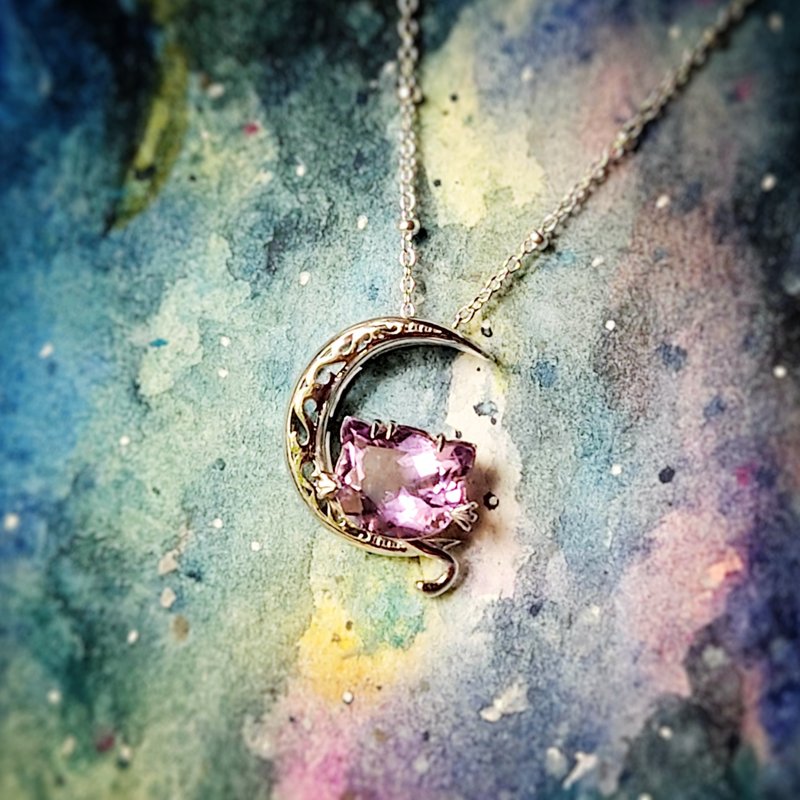 特别猫形紫晶月亮纯银电镀18K白金吊坠 - 项链 - 半宝石 紫色