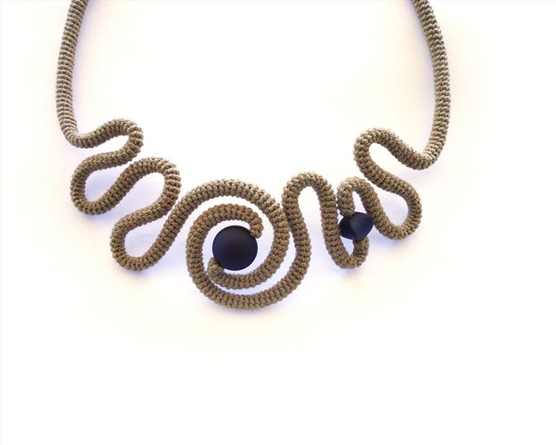 Fiber Art Crochet Tube Free Form Statement Necklace Brown Black - 项链 - 绣线 咖啡色