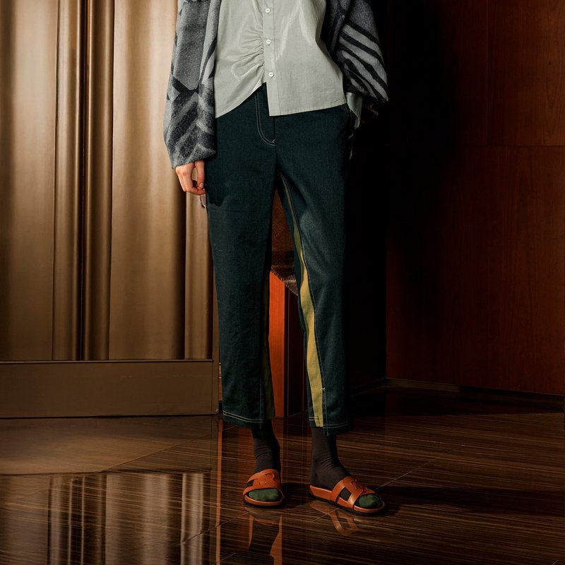 智性拼接开衩修饰长裤 - 女装长裤 - 其他材质 蓝色