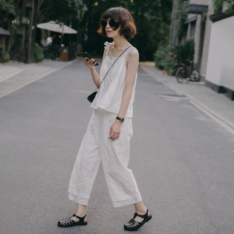 复古拼接亚麻阔腿裤-白色|裤子|夏款|棉+苎麻|Sora-306 - 女装长裤 - 棉．麻 白色