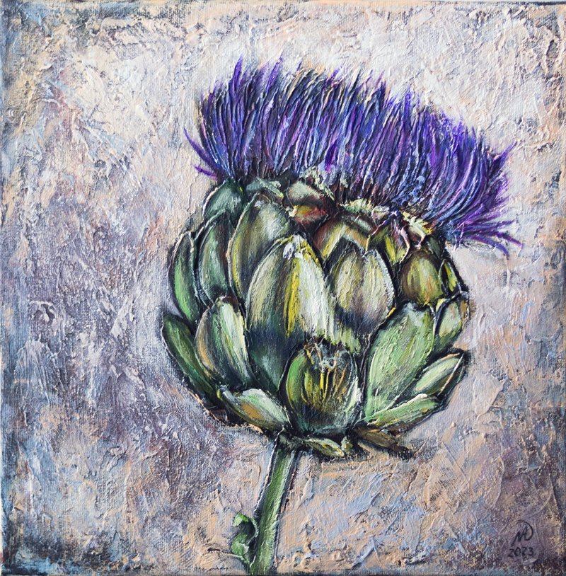 Original Artichoke Flower Textural Painting Hand-painted Acrylic Floral Artwork - 墙贴/壁贴 - 其他材质 