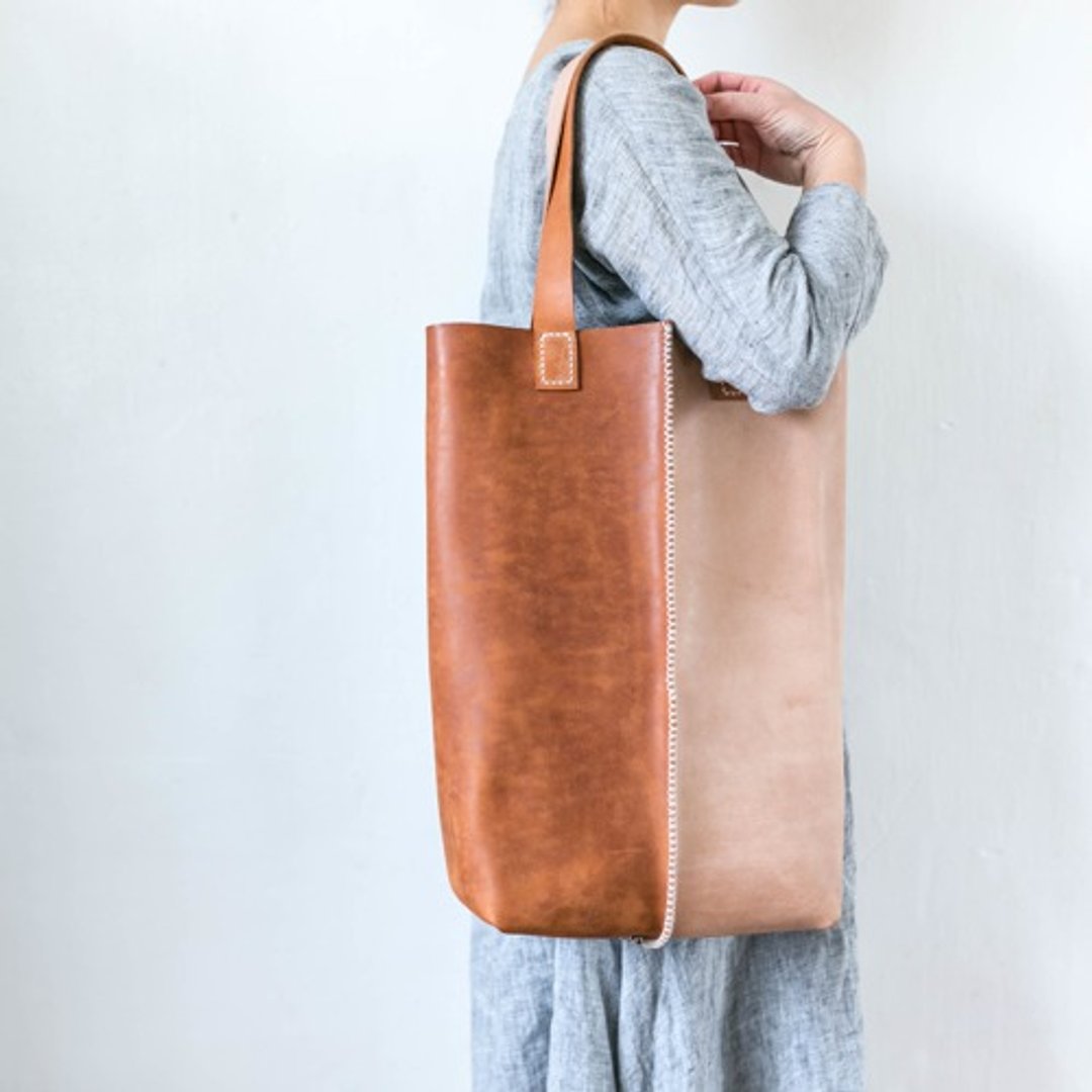 Cut-off genuine leather leather vertical tote bag / 2-tone mix - 手提包/手提袋 - 真皮 咖啡色
