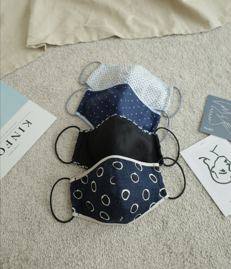 4 Style set! Blue shade 3 layers 3D Cotton linen cloth mask with filter pocket - 面膜/冻膜 - 棉．麻 蓝色