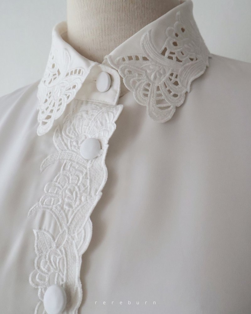 复古刺绣领宽松欧美版型长袖白色古着衬衫 - 女装衬衫 - 聚酯纤维 白色