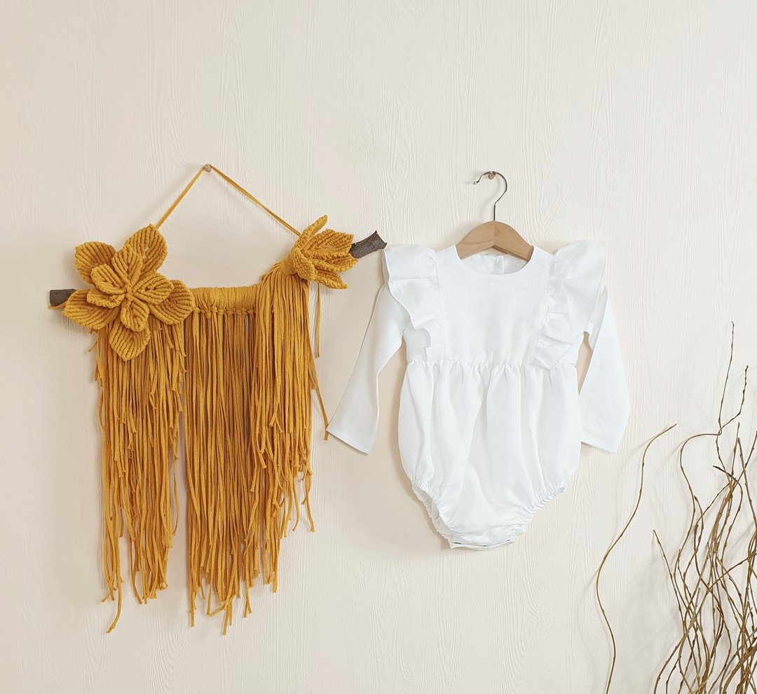 Ruffle linen bodysuit for baby girl, boho baby girl bodysuit, baby girl romper - 包屁衣/连体衣 - 棉 多色