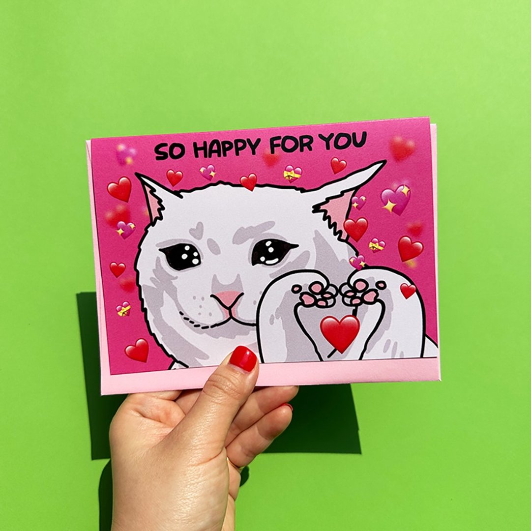 So Happy For You 逗趣恭喜哭泣猫咪爱心造型祝贺卡 - 卡片/明信片 - 纸 
