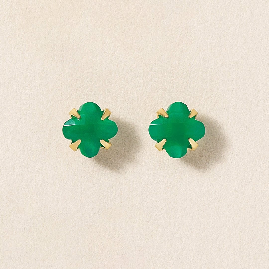 【Second Earrings】 18K 黄金百合切割绿玛瑙耳环 - 耳环/耳夹 - 贵金属 
