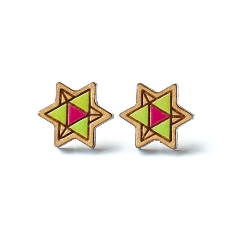 <<春夏新色>>‘田田制作所’彩绘木耳环-星 (桃红) - 耳环/耳夹 - 木头 粉红色