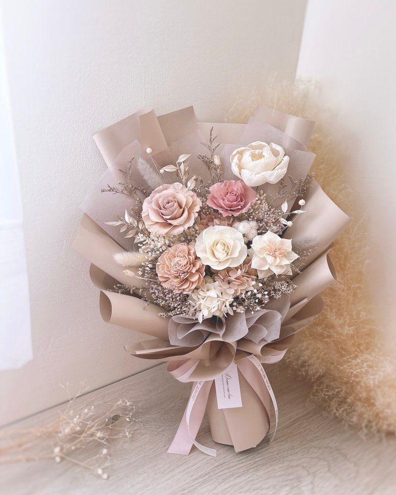 永生玫瑰花束 - 暖雾奶杏 l 奶杏色花束 母亲节花束 情人节花束 - 干燥花/捧花 - 植物．花 粉红色