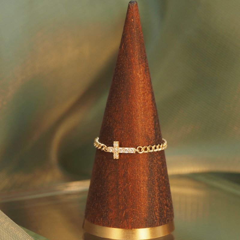 18K金钻石十字架戒指18K Gold Diamond Cross Chain Ring - 戒指 - 贵金属 