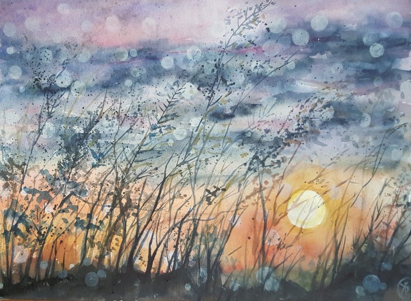 Sunset Meadow Painting  Golden Sun Original Watercolor  Artwork - 海报/装饰画/版画 - 纸 多色