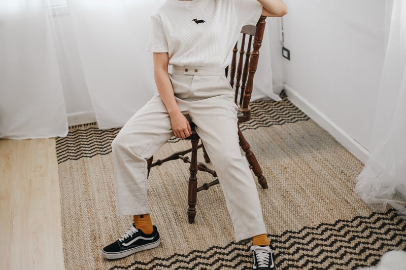 复古风 麻质原色直筒长裤 - 女装长裤 - 棉．麻 卡其色