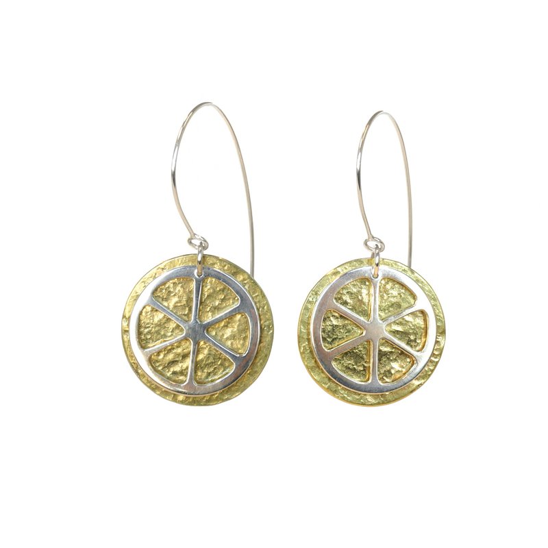 维他命C-橙与柠檬水果切片, 黄铜与925银吊式耳环, 独一无二 - 耳环/耳夹 - 银 