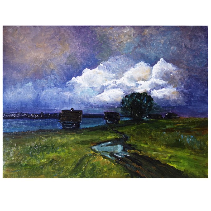 Clouds Oil Painting Wildflower Original Art 油畫原作 Landscape Artwork Canvas Art - 海报/装饰画/版画 - 颜料 多色