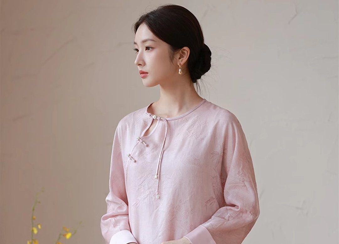 新中式中国风 圆领禅意茶服翻袖寬鬆洋裝 - 洋装/连衣裙 - 丝．绢 粉红色