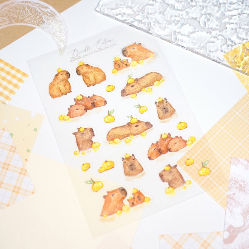 【柚子水豚泡温泉】水彩插画 白墨PET贴纸 手帐 可爱 透明 - 贴纸 - 纸 橘色