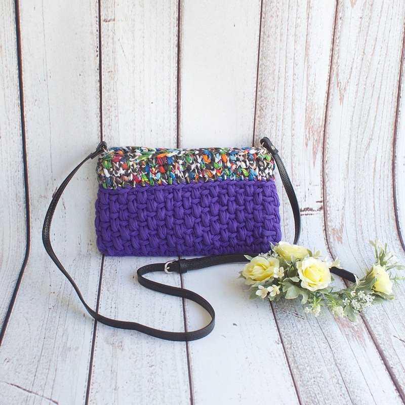 手织双色手拿包/侧背包  亚马逊森林x紫  定制布条颜色 礼物订制 - 手拿包 - 棉．麻 紫色