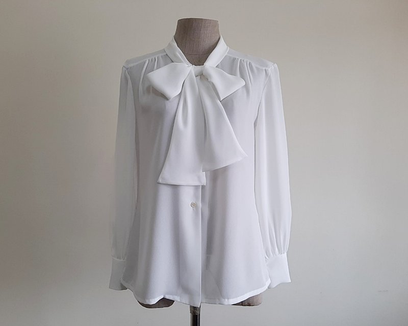 S号 复古绑带领结 白色长袖衬衫 女款 - 女装上衣 - 聚酯纤维 白色
