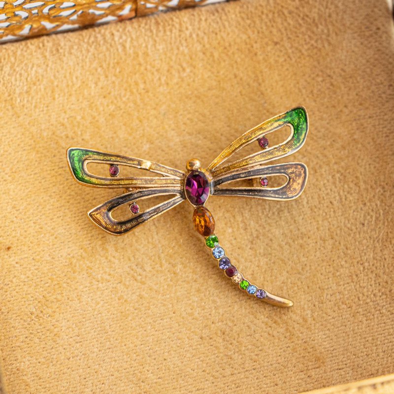 美国Monet品牌古董 缤纷彩色宝石珐琅蜻蜓 金色仿旧胸针 - 胸针 - 其他金属 多色