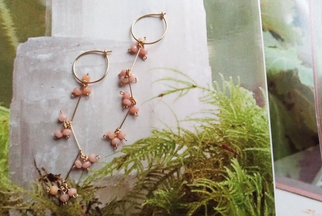 粉红蛋白石14KGF耳环/ pink opal 14KGF earring - 耳环/耳夹 - 宝石 粉红色