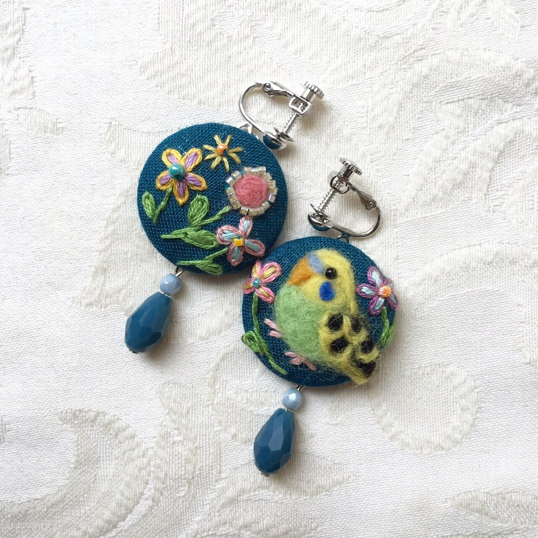 earrings of budgie - 耳环/耳夹 - 棉．麻 蓝色