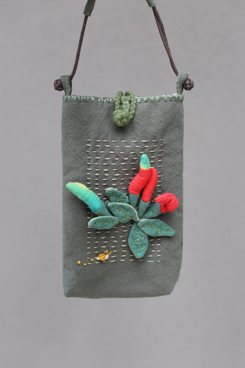 壹染指原创 棉麻全手缝 | 辣椒 斜挎 手提 两用 手机布包 | 现货 - 侧背包/斜挎包 - 棉．麻 绿色