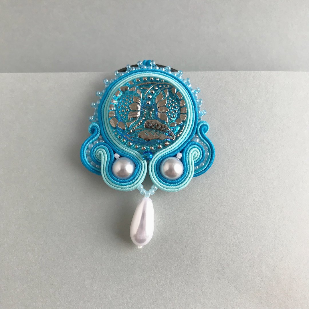 Sky Blue Flower Pattern Soutache pendant - 项链 - 其他材质 蓝色